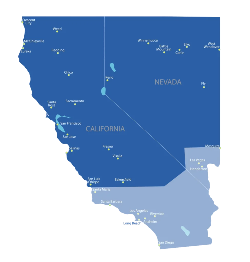 map of california and nevada highlighting service area
